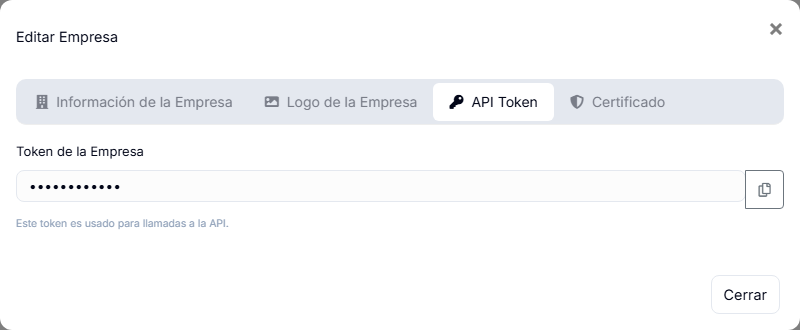 Pestaña API Token de la ventana Editar Empresa, con el token oculto y el botón de copiar