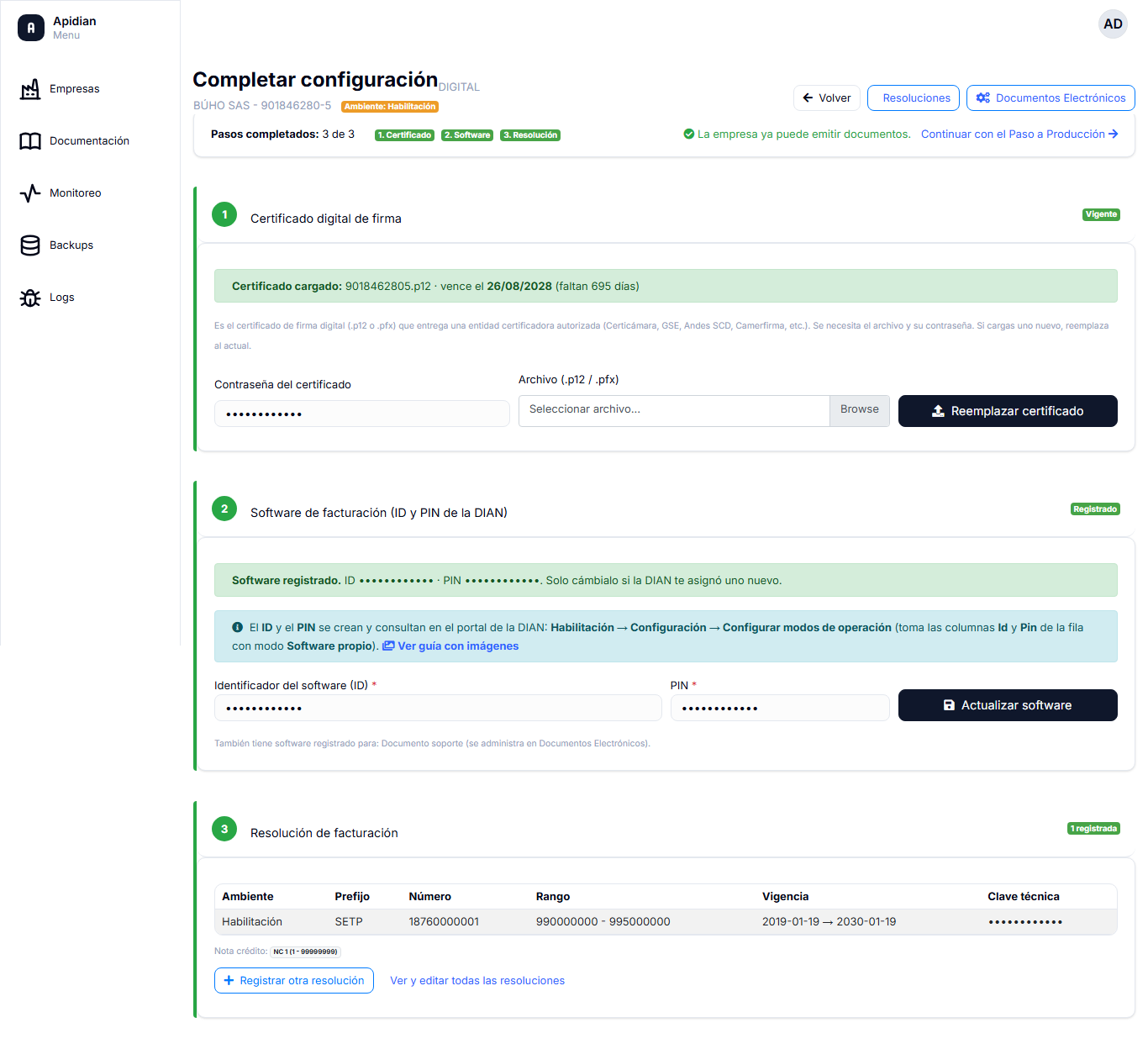 Pantalla Completar configuración con los tres pasos en verde y el contador Pasos completados 3 de 3