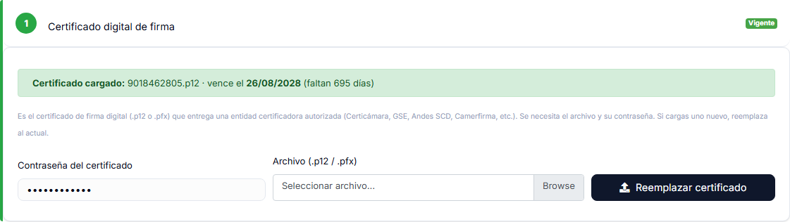 Tarjeta del paso 1, Certificado digital de firma, con el aviso del certificado cargado y su vencimiento