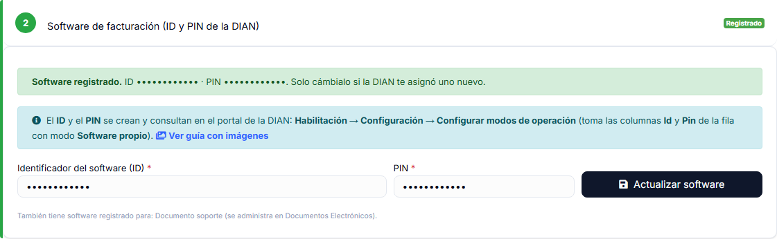 Tarjeta del paso 2, Software de facturación, con el aviso de software registrado y los campos ID y PIN