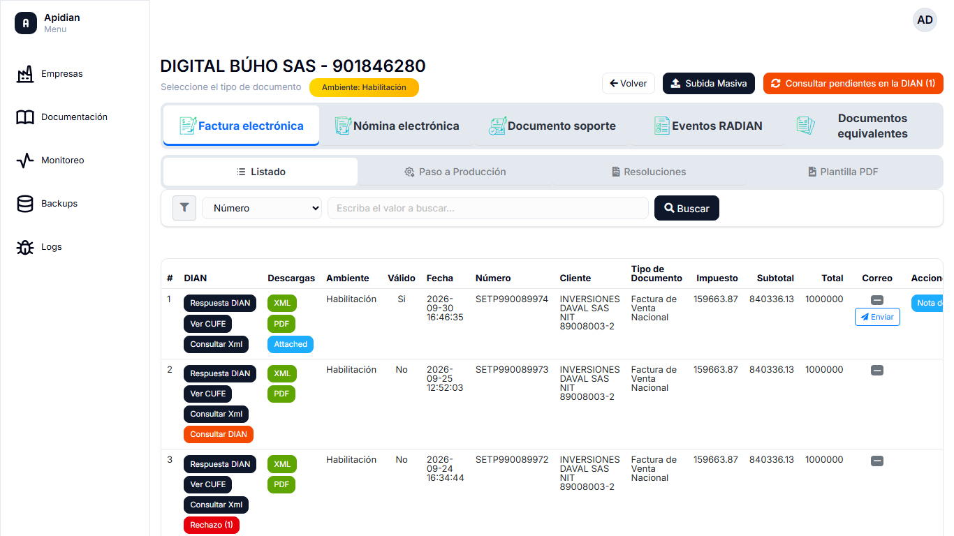 Pantalla de Documentos Electrónicos con las cinco pestañas de tipo de documento y el badge Ambiente Habilitación
