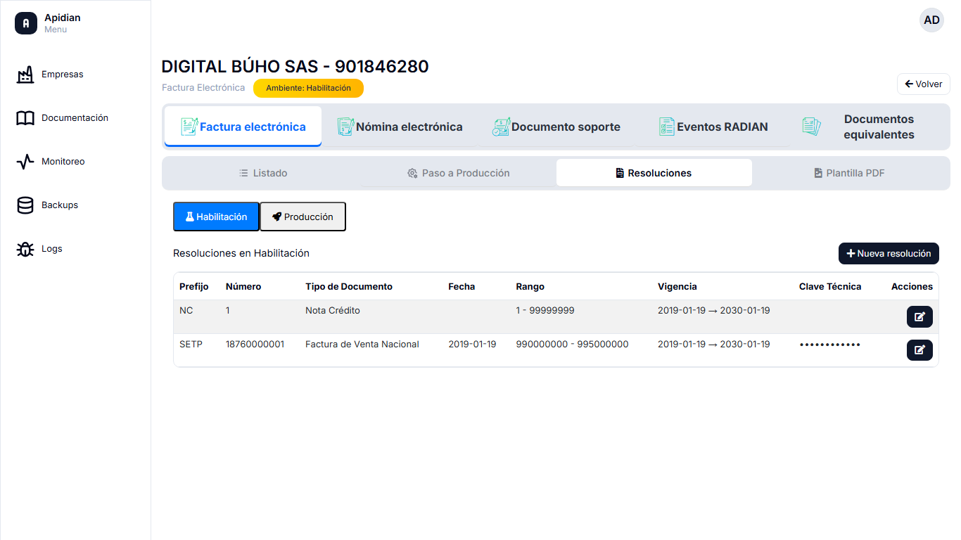 Sub-pestaña Resoluciones de Factura electrónica con el conmutador Habilitación y Producción y la tabla de resoluciones