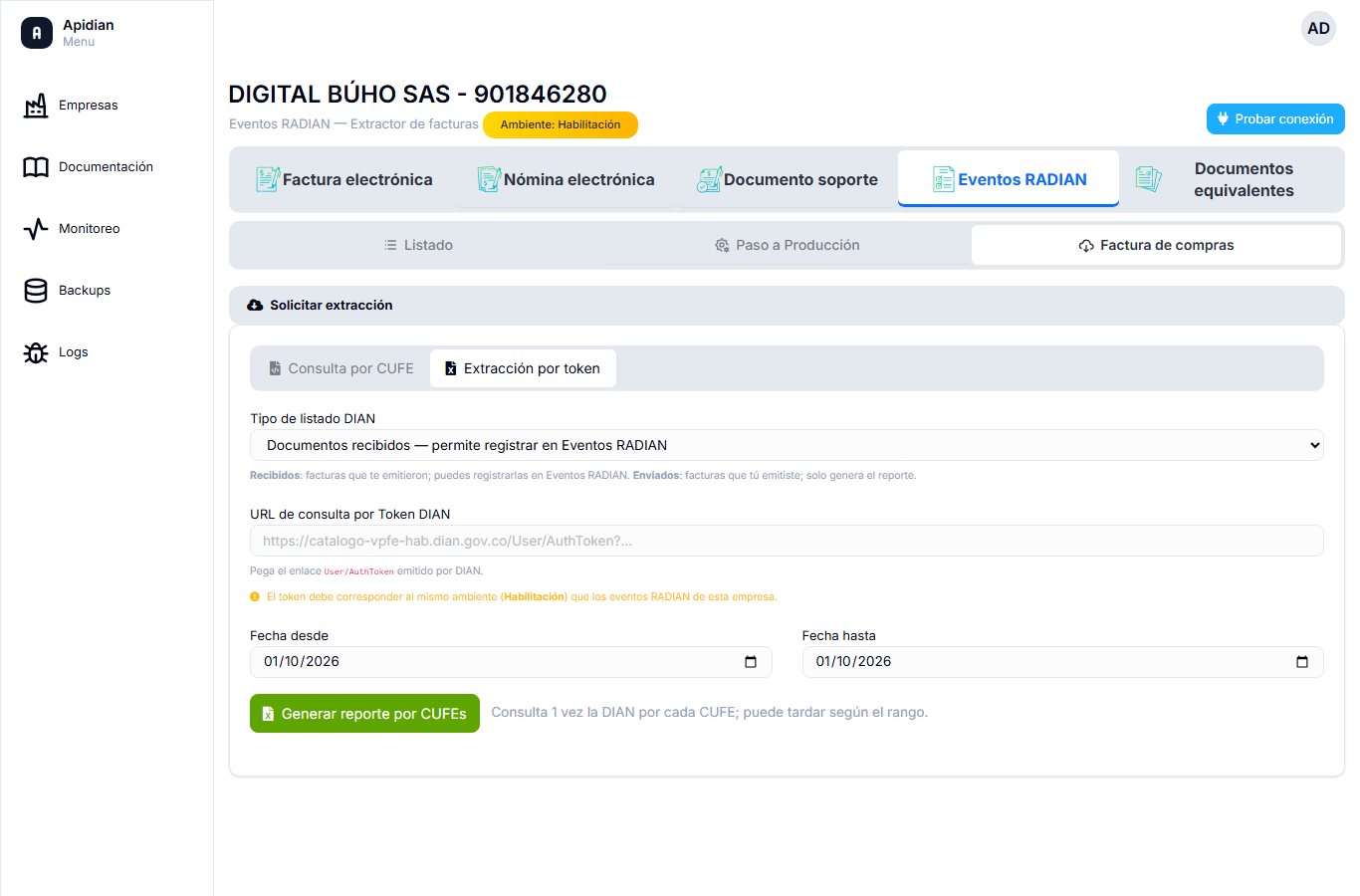 Sub-pestaña Extracción por token con el tipo de listado, la URL de consulta y las fechas