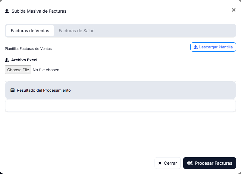 Ventana Subida Masiva de Facturas con las pestañas Facturas de Ventas y Facturas de Salud y el botón Descargar Plantilla