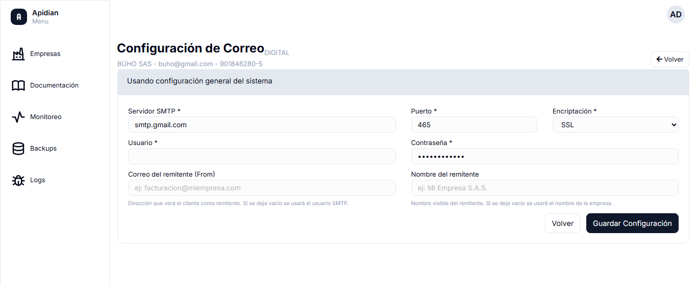 Pantalla Configuración de Correo con los campos de servidor SMTP, puerto, encriptación, usuario y contraseña